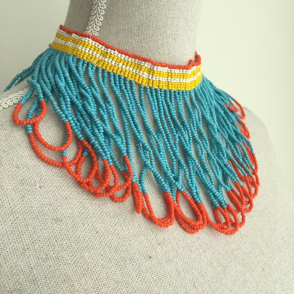 Vintage 70s 80s Hand Beaded Statement Tribal Choker Collar Necklace - Picture 3 of 3